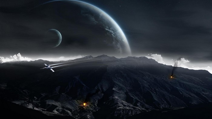 Spaceship flying over mountains with planets in the sky