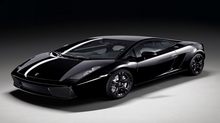 Black Lamborghini Gallardo with white racing stripes