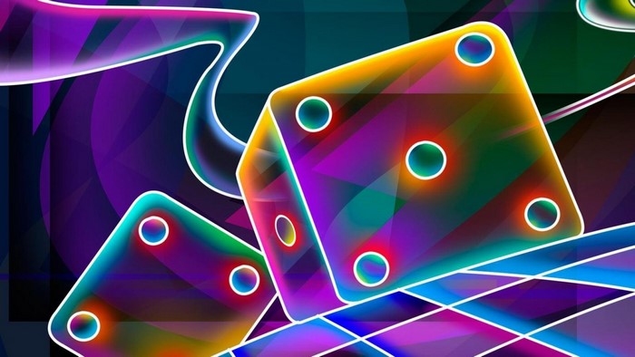 Colorful abstract illustration of dice with neon lines