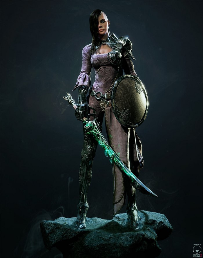 Woman warrior with sword and shield