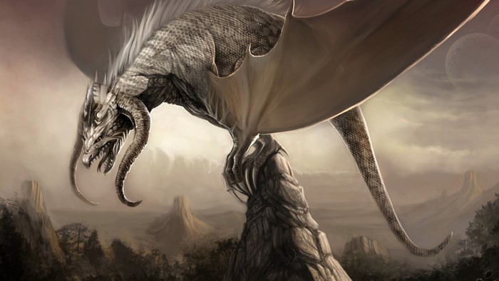 Fantasy art of a dragon perched on a rock
