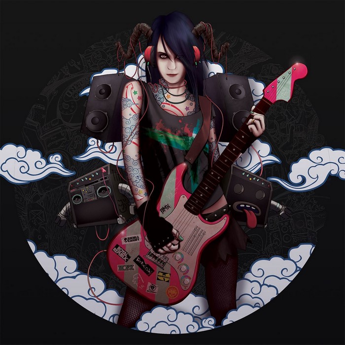 Anime girl with horns playing a pink electric guitar