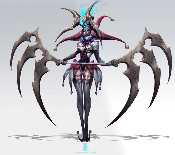 Jester character with scythes and skull mask