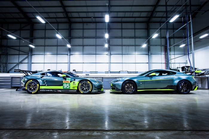 Aston Martin Vantage GT8 and V8 Vantage in a garage
