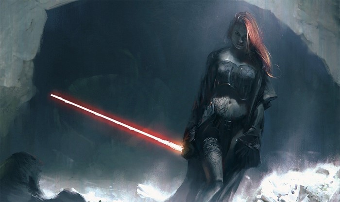 Mara Jade from Star Wars with a red lightsaber