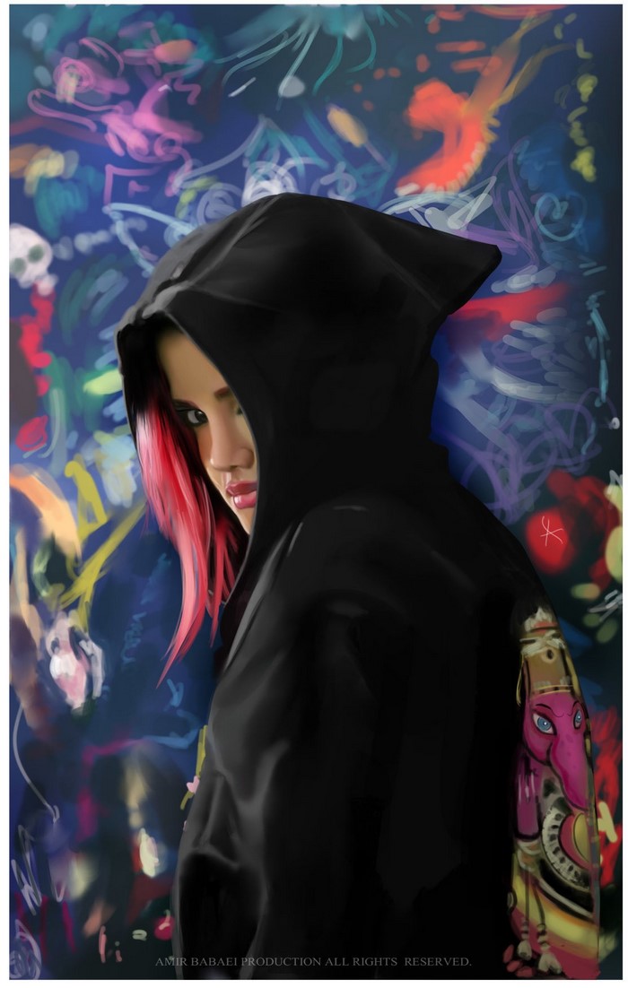 Girl in a black hoodie with pink hair against graffiti