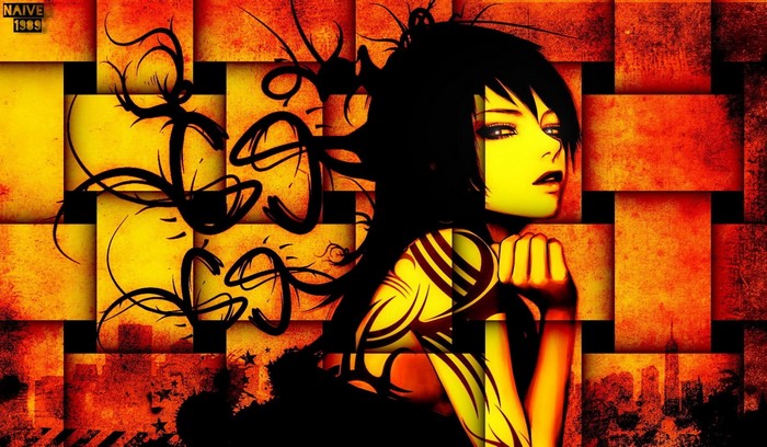 Illustration of a woman with tattoos and abstract elements