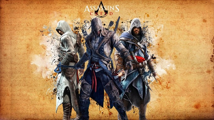Assassins Creed characters on a parchment background