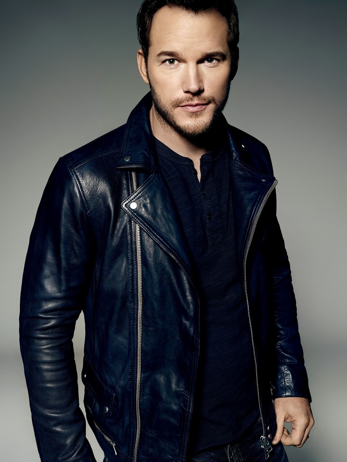 Chris Pratt wearing a leather jacket