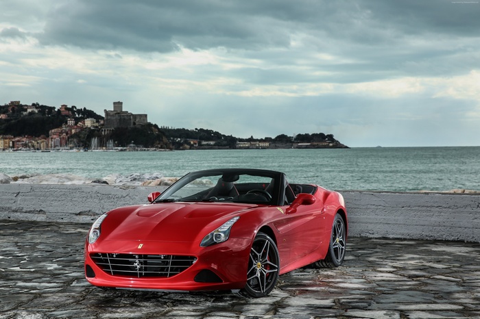 Red Ferrari California T HS Convertible by the Sea