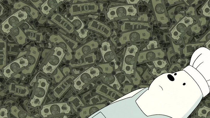 Ice Bear from We Bare Bears in a pile of money