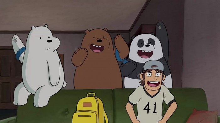 We Bare Bears characters and a man on a couch