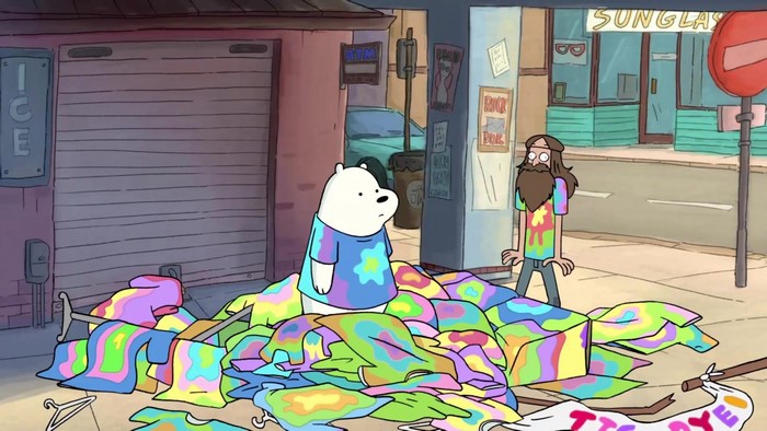 Ice Bear from We Bare Bears surrounded by tie-dye clothes