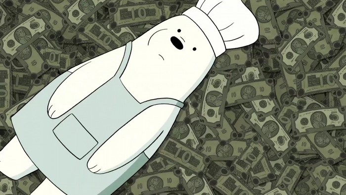 Ice Bear from We Bare Bears lying on money