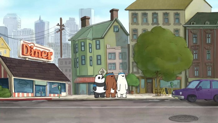 We Bare Bears in a city street with a diner