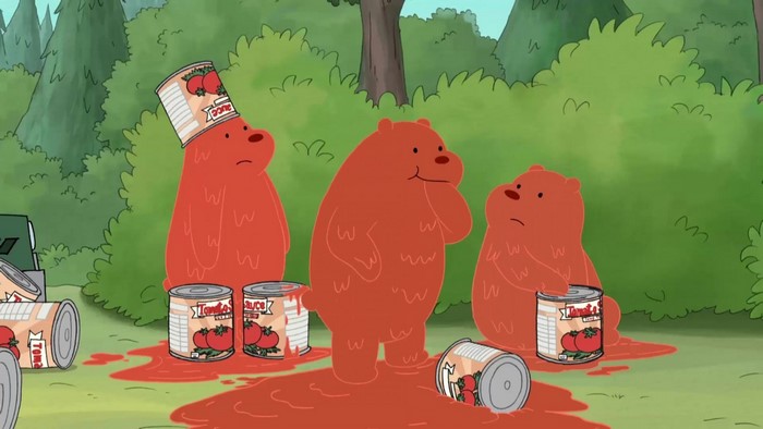 We Bare Bears covered in tomato sauce