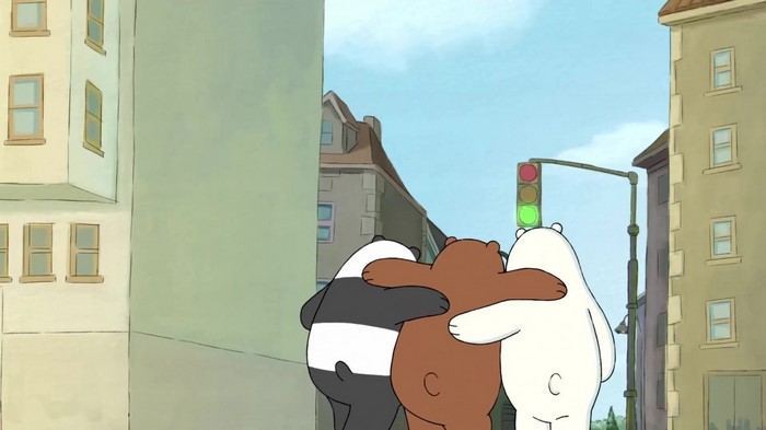The three bears from We Bare Bears cross the street
