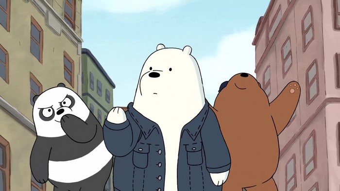 We Bare Bears characters in front of buildings