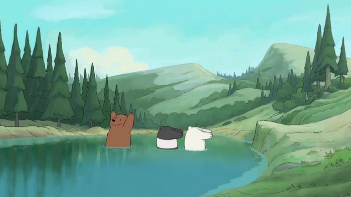 We Bare Bears characters swimming in a lake