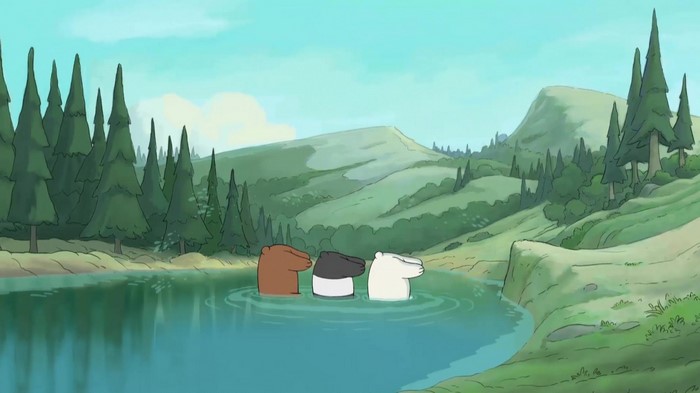 We Bare Bears in a lake with mountains and trees