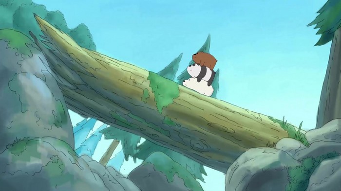 We Bare Bears stack on a log in a forest