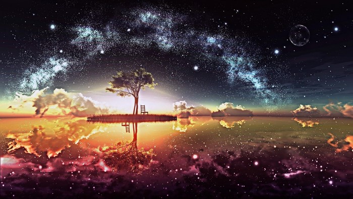 Fantasy landscape with tree and chairs under starry sky