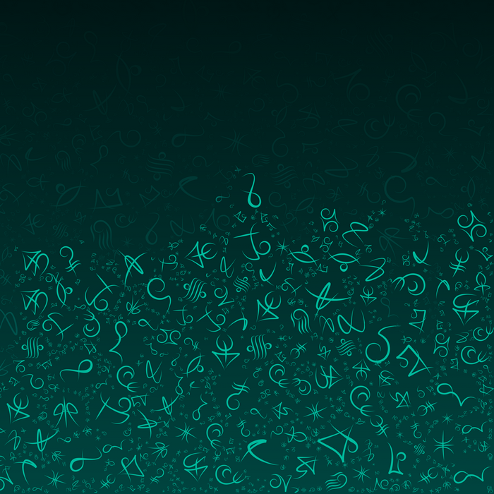 Teal mystical symbols on a dark teal gradient background
