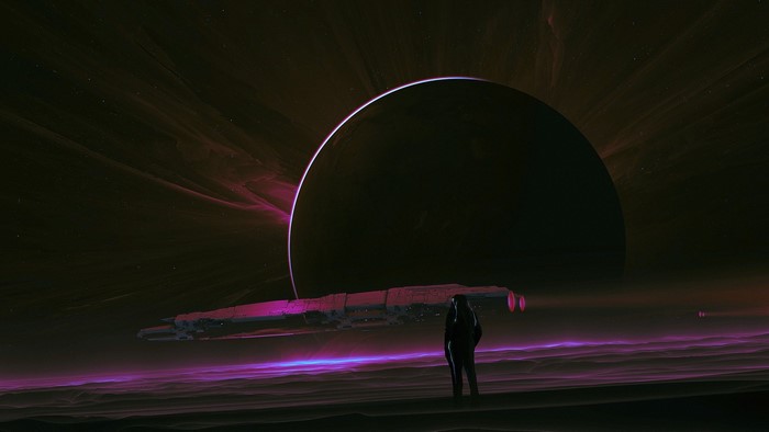 Astronaut looking at a spaceship near a dark planet