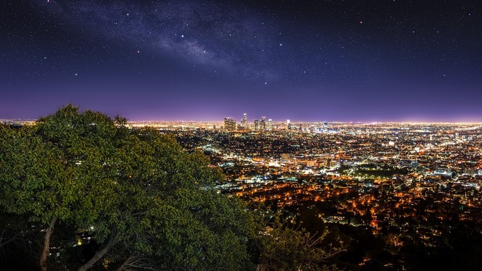 Los Angeles cityscape at night with the Milky Way