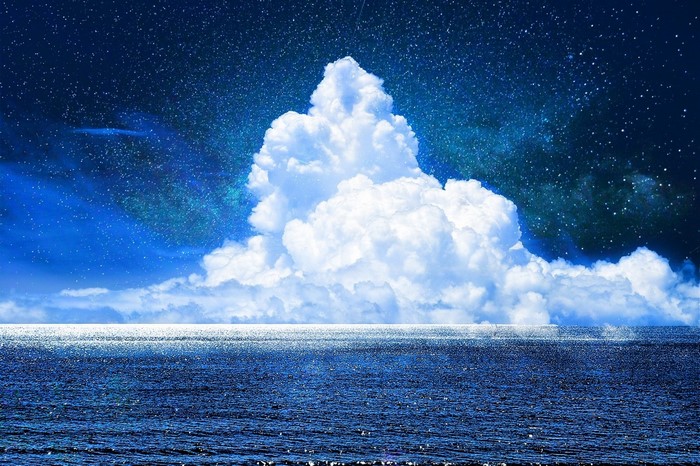Fantasy art of a large cloud over the ocean under a starry sky