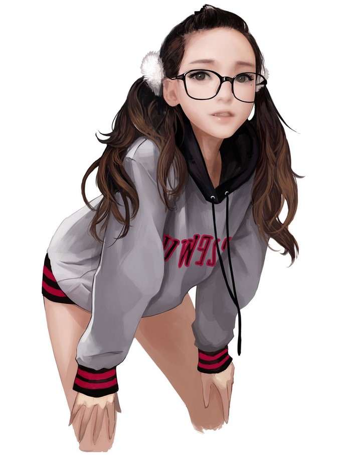 Anime girl with glasses and pigtails wearing hoodie and shorts