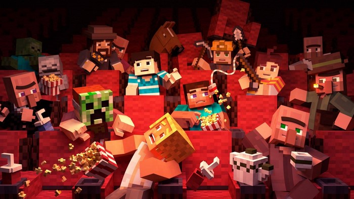 Minecraft characters watching a movie in a theater