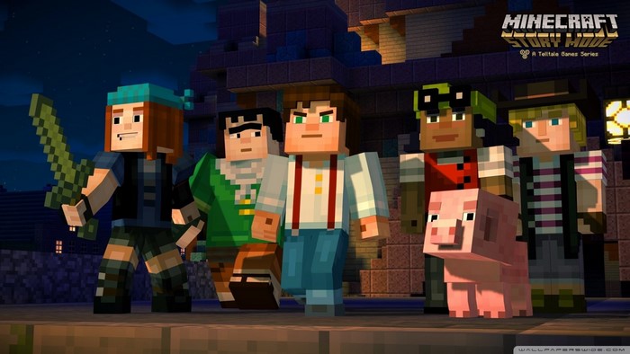 Minecraft Story Mode characters and a pig
