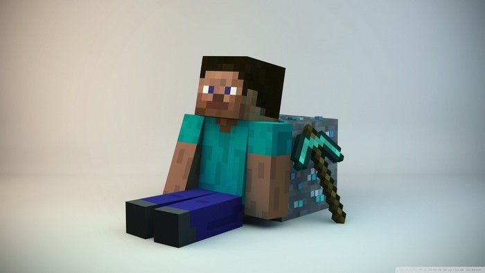 Steve from Minecraft with Diamond Pickaxe and Ore