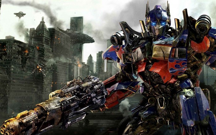 Optimus Prime from Transformers in a destroyed city