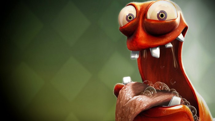 Close up of a cartoon red creature with big eyes