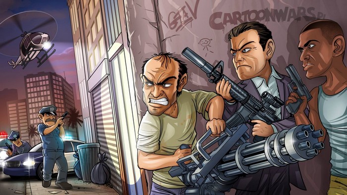 Characters from Grand Theft Auto V in a cartoon style