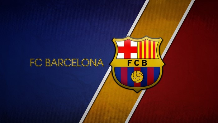 FC Barcelona logo and text on a split background