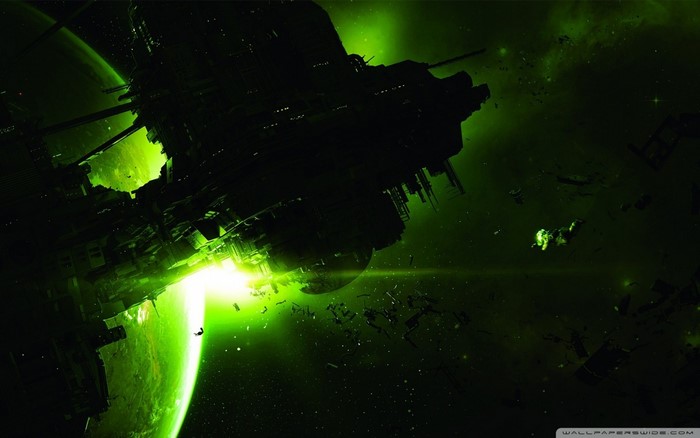 Massive spaceship near a glowing green planet