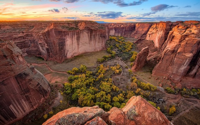 Canyon landscape at sunset with trees