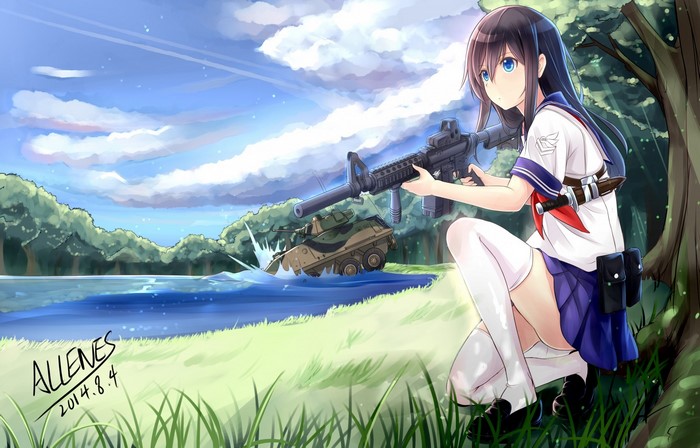 Anime girl with rifle and tank near lake