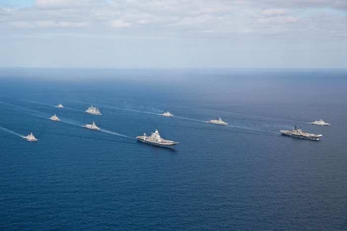 Indian Navy warships sailing in formation on the ocean