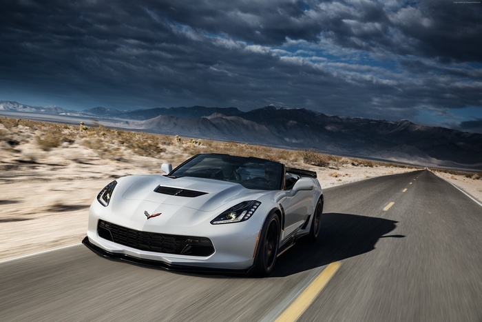 White Chevrolet Corvette Z06 Convertible on Desert Road