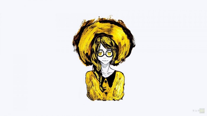 Illustration of a girl with large yellow hair and glasses