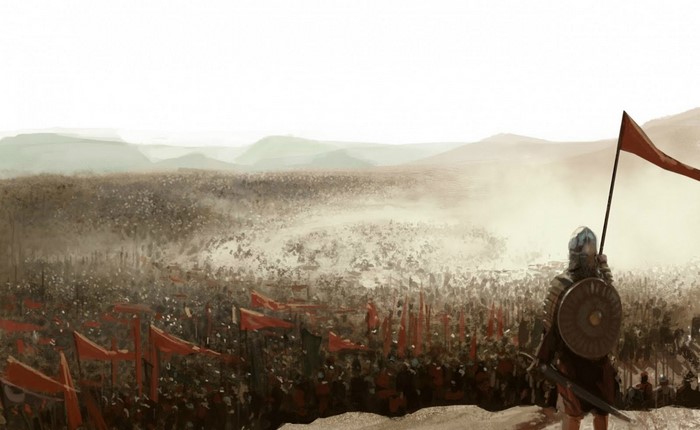 Soldier with flag overlooking a vast army in a landscape