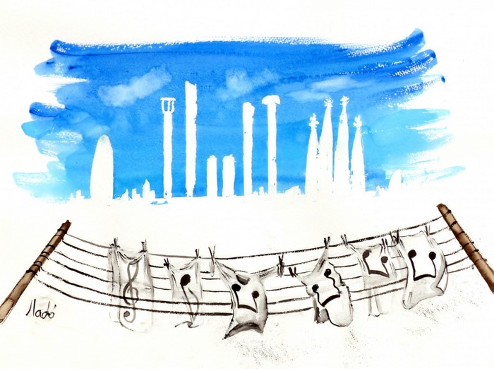 Watercolor painting of Barcelona skyline with musical notes on a clothesline