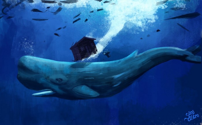 Whale carrying a house underwater