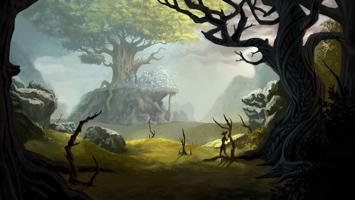 Fantasy city built on a giant tree in a mystical forest