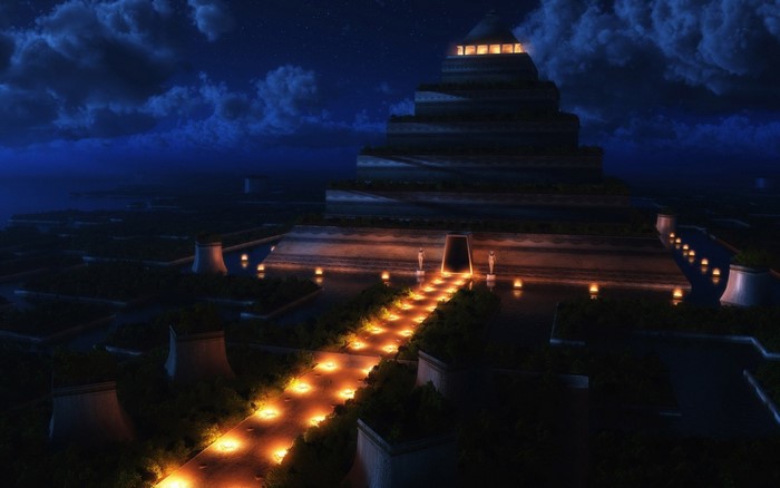 Fantasy ziggurat at night with illuminated path