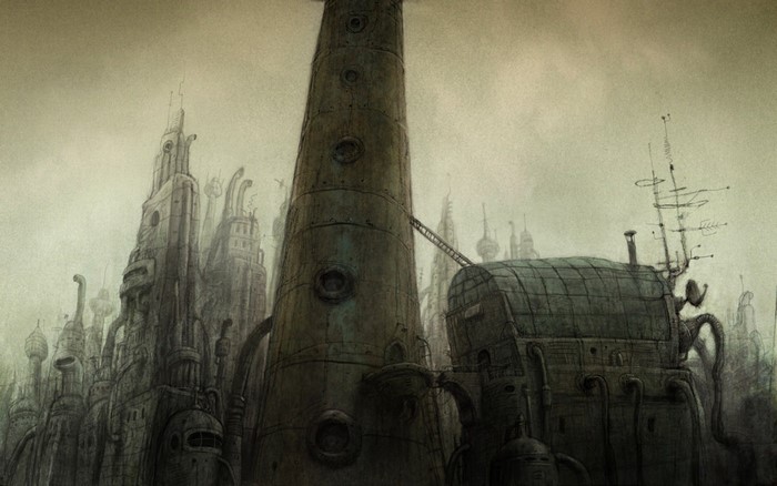 Machinarium city with tall spires and industrial buildings